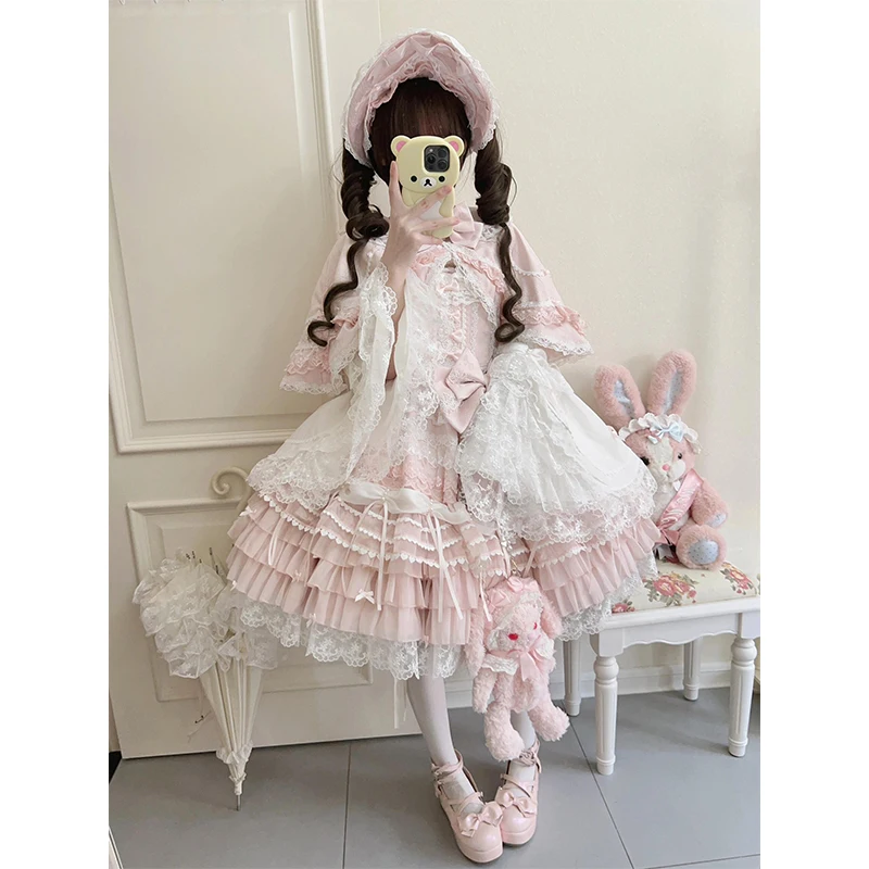 Estilo japonês original macio meninas lolita vestido rosa feminino doce fino ajuste arco renda com capa vestido curto conjunto primavera e verão