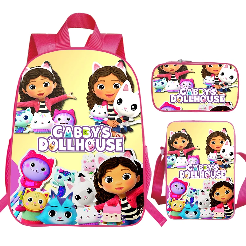 Gabby's Puppenhaus Schult aschen wasserdicht 3 stücke Set Kinder rosa Bücher tasche Vorschule Mädchen Cartoon Rucksack mit Umhängetasche Stift Tasche