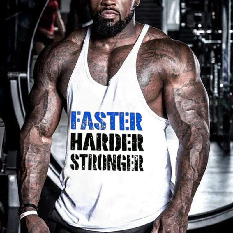 Men's Cotton Fitness Stringer Vest - 'FASTER HARDER STRONGER' Print Sleeveless Bodybuilding Tank, Post-Workout Undershirt