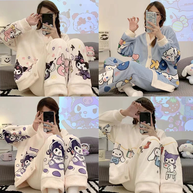 

Anime Kawaii Pajamas Sanrios Kuromi Girl Student Spring Coral Fleece V-Neck Keep Warm Winter Flannel Tracksuit Send To Friends