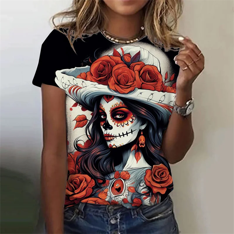 3D Printed Sexy Girls T Shirt For Women Horror Undead Skull Pattern Tees Summer Casual O-Neck Tops Short Sleeves Loose T-Shirts — zdjęcie 4