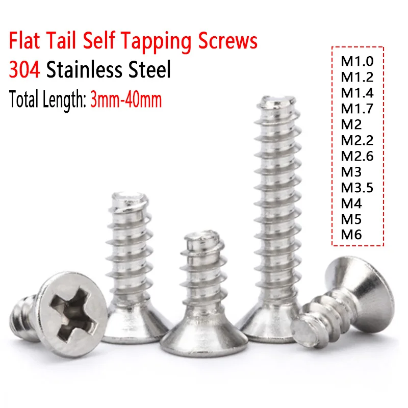 5~300pcs M1-M6 304 A2 Stainless Steel Countersunk Head Phillips Screws Cross Flat Head Flat Tail Self Tapping Screw for Plastic