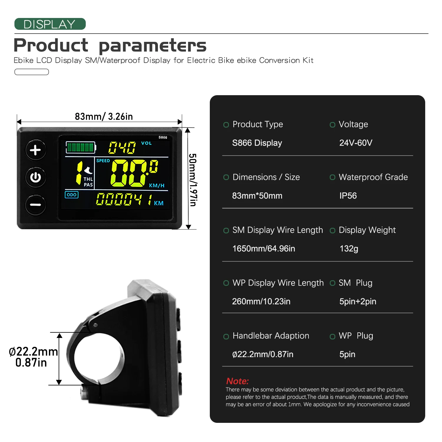 24V 36V 48V E-Bike LCD-S866 Color Display Control Panel 5+2Pin SM Plug for UART Communication Protocol E-Scooter E-Bicycle Parts view 2