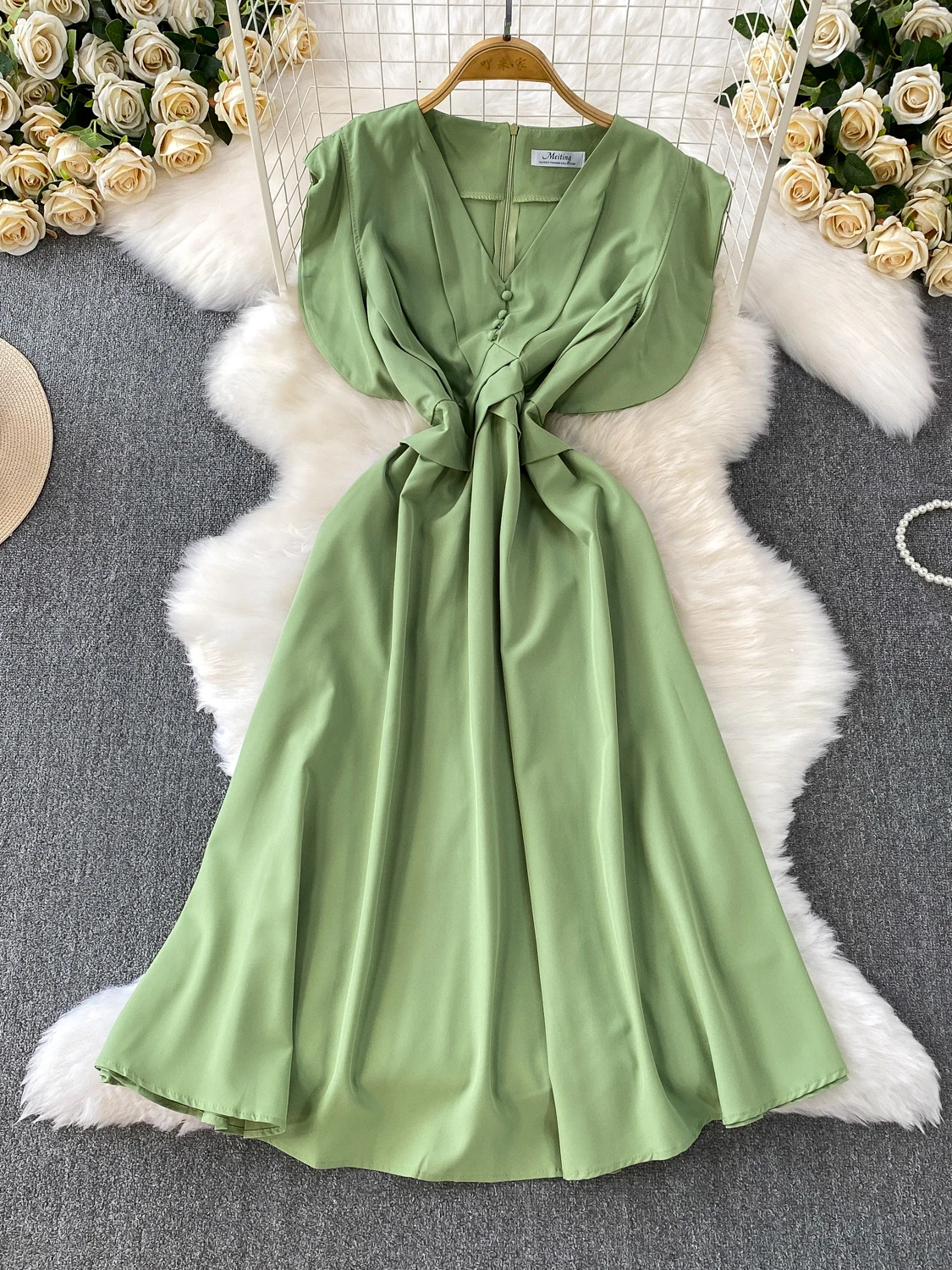 Red Sexy V-ne  Dr Women's Summer High Waist Satin Pleated Waist Cinch Long Skirt Commute Sle ort Sve Dr