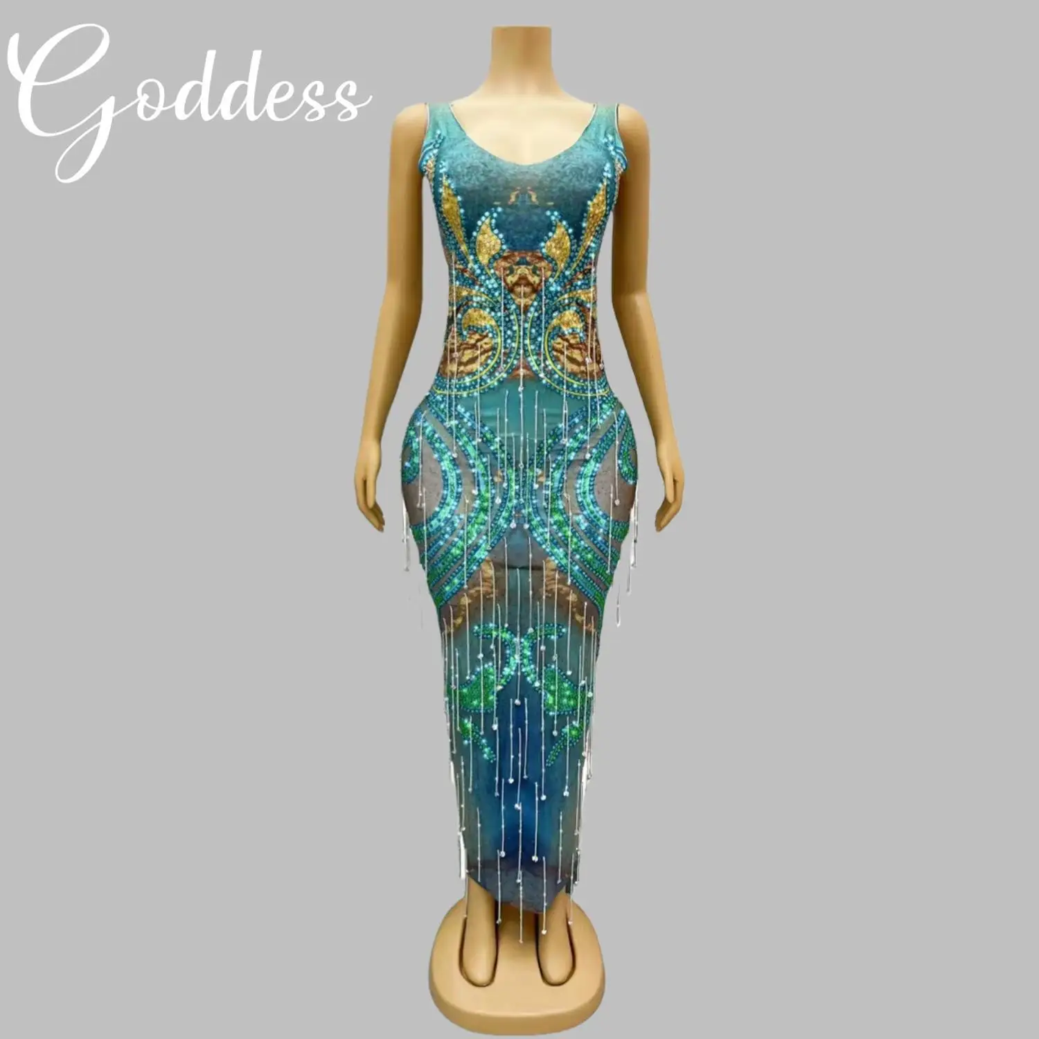 

Rhinestones Fringes Spandex Long Dress Women's Evening Dress Celebrate Birthday Party Evening Gown Prom Outfit Sexy Stage Wear