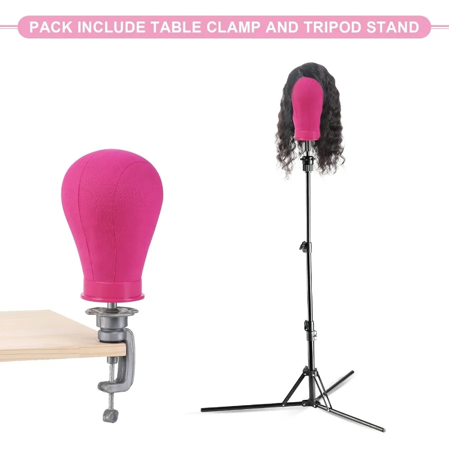 مجموعة رأس مانيكين ثلاثية القوائم قابلة للتعديل مع حامل شعر مستعار أحمر وردي لتطبيقات التجميل والتجميل مقاس 23 بوصة مع حامل رأس شعر مستعار مع