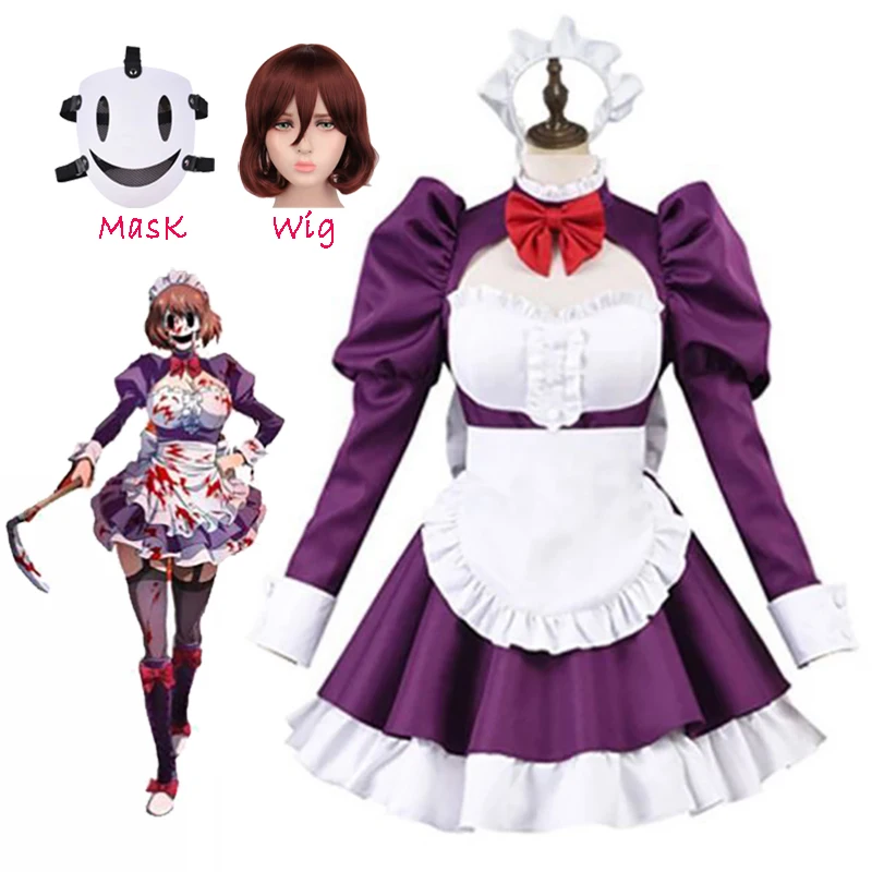Maid Fuku Kamen Cosplay Kostüm High-Rise Invasion Cosplay Kostüm Maske Perücke Anime Tenkuu Shinpan Frauen Maid Outfit Halloween 5XL
