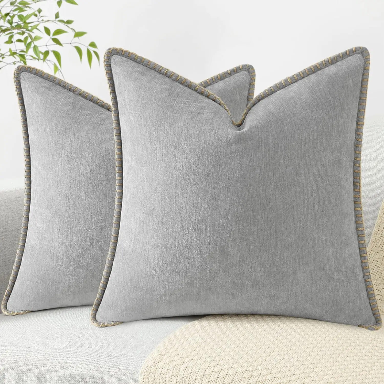 

Chenille Soft Throw Pillow Covers 18X18 Set Of 2, Farmhouse Velvet Decorative Pillow Covers With Stitched Edge For Couch Sofa