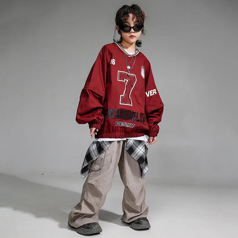 

Kid Hip Hop Clothing Wine Red V Neck Elastic Hem Sweatshirt Gray Casual Wide Cargo Pants for Girl Boy Jazz Dance Costume Clothes