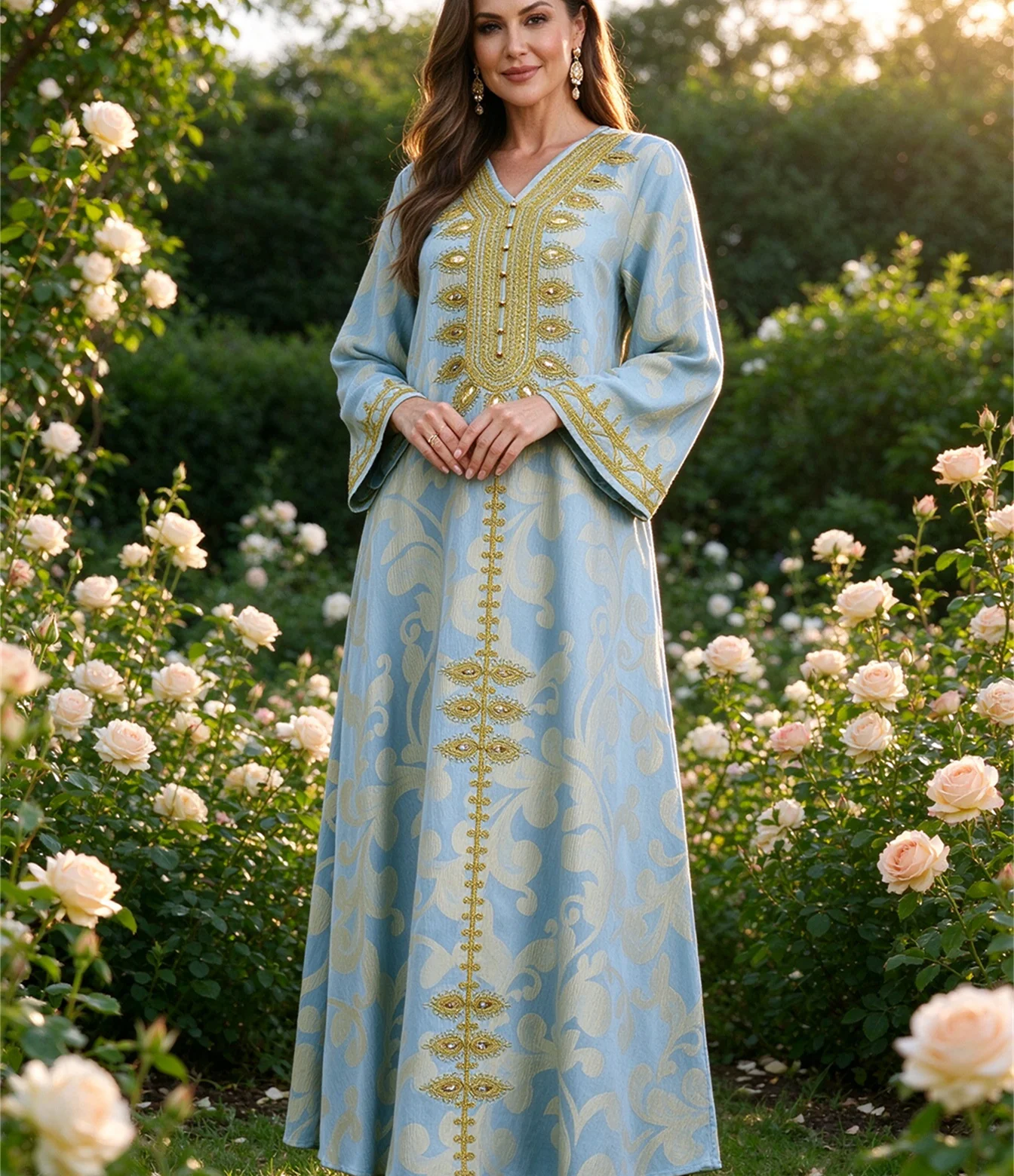 Vintage Dubai Women V Neck Long Sleeve Abaya Gold Embroidery Jacquard Maxi Dress Muslim Evening Kaftan Gown for Wedding Party