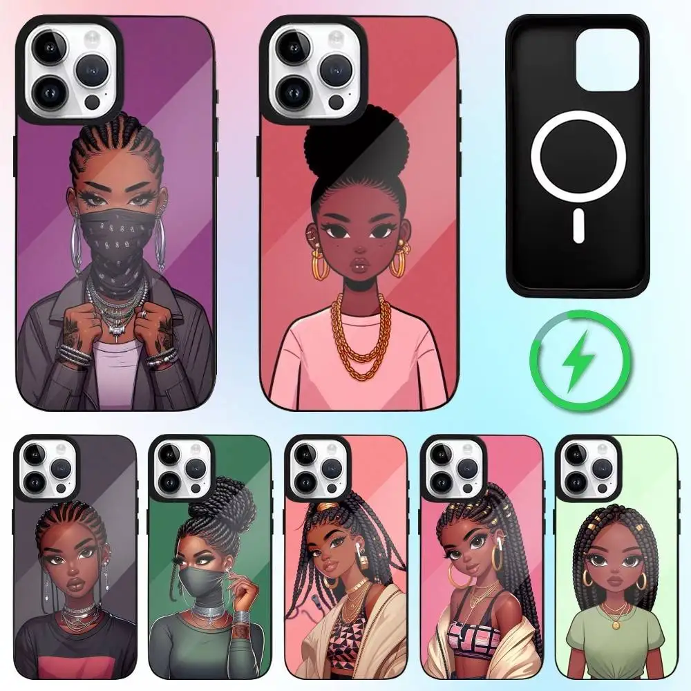 

Afro Black Girls Cartoon Phone Case For iPhone17,16,15,14,13,12,11 Plus,Pro Max Magnetic Magsafe Wireless Charging