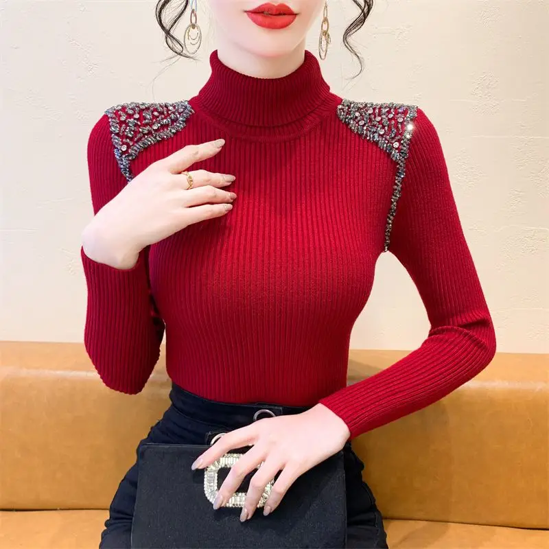 

Blouse Jumper Knitwear Undershirt Women's Autumn/Winter French-inspired Studded Slim-fit Turtleneck New Designer Fashionable