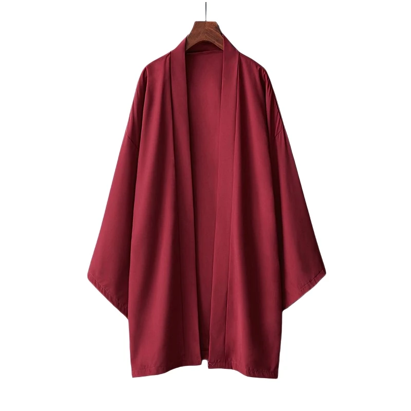 Men's Solid Color Long Sleeve Cardigan Long Kimono Shirt Asian Traditional Wear Yukata Haori Jacket Coat Japanese Kimono 4