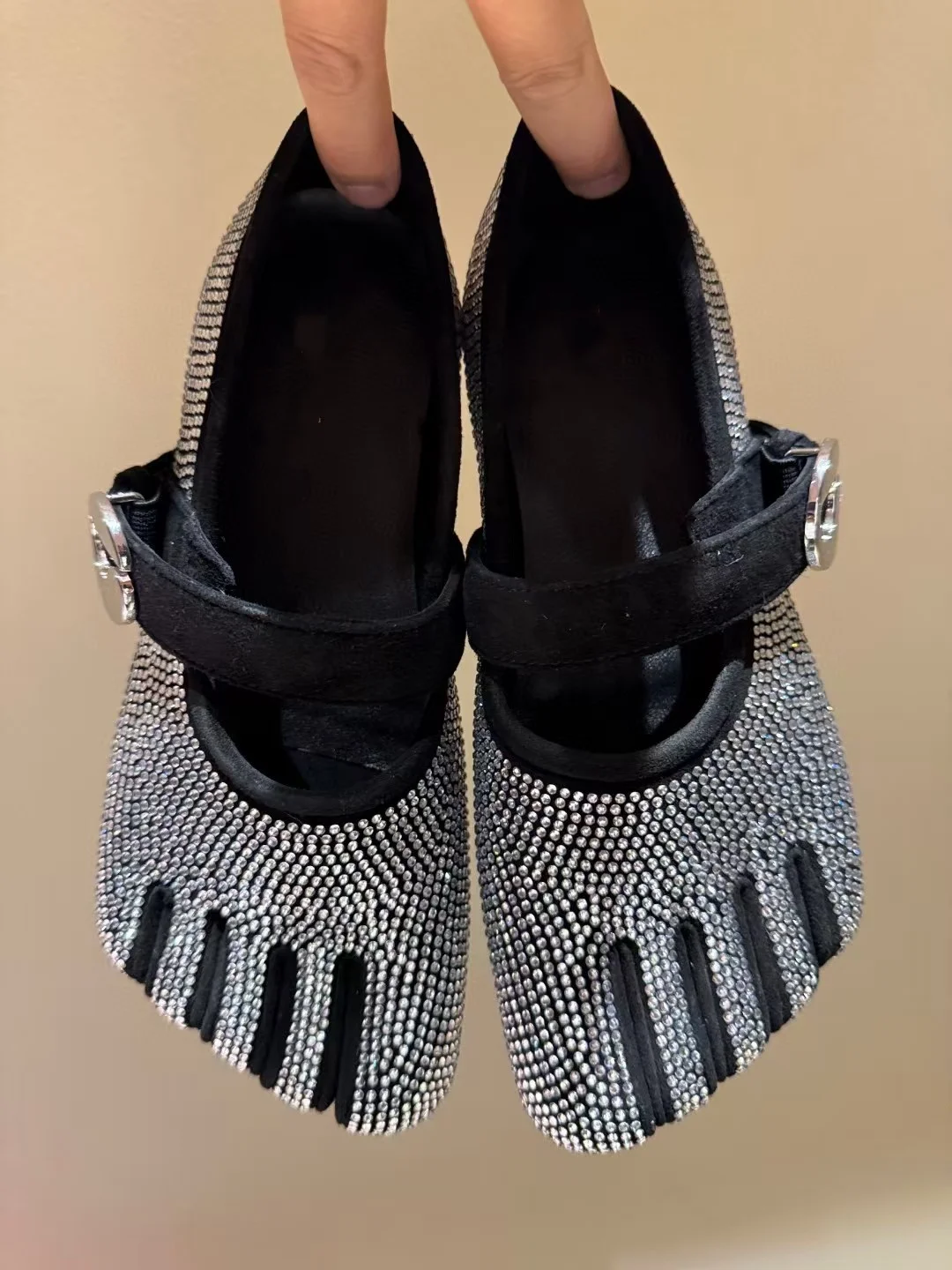 Bling Rhinestone Five Toe Shallow Women Marry Jane Shoes Stiletto High Heels Buckle Strap Design Large Size Genuine Leather Shoe