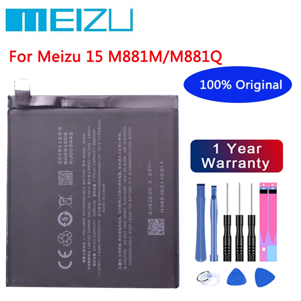 

New Meizu 100% Original Battery BA881 For Meizu 15 M881 M881M M881Q 3000mAh Mobile Phone High Quality Battery Bateria + Tools