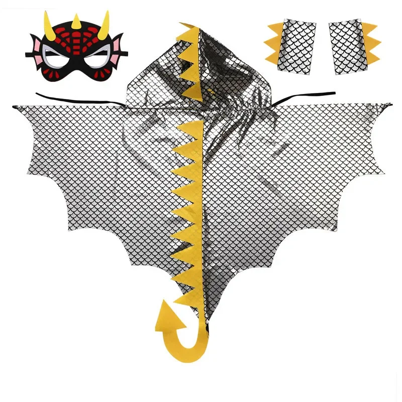 Mantello con cappuccio per dinosauro rosso per bambini con maschera a coda Accessori da polso per feste in costume cosplay di Halloween Regalo per bambini di 3-12 anni