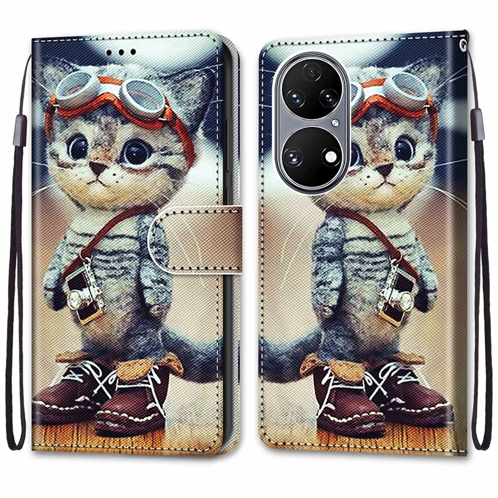 P20 Lite Flip Case for Funda Huawei P30 Lite P40 50 Pro Cases Cute Dog Cat Rose Wallet Leather Cover P30Lite Capa Celular Women