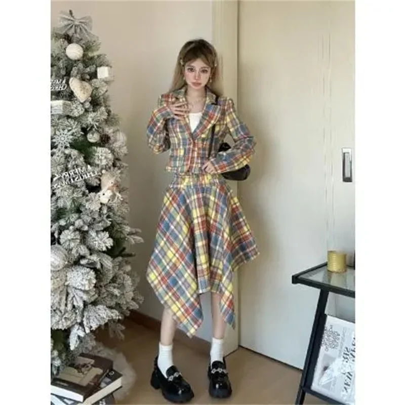 

Academy Style Patterned Suit Skirt 2024 Summer New Plaid Waistband Suit Jacket Irregular Hem Half Skirt Two-piece Set Splicing