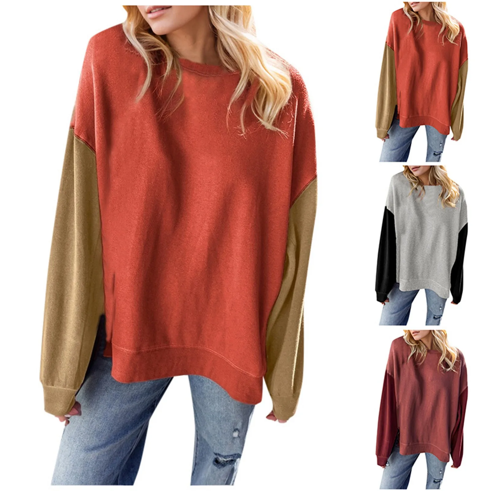 Plus Size Women's Lantern Sleeve Contrast Long Sleeve Pullover Top Fashion Autumn and Winter Color Collision Sweatshirt Women