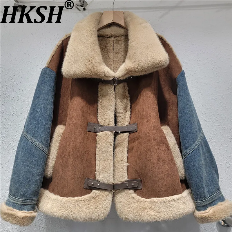 

HKSH новая зимняя женская теплая куртка джинсовая лоскутная искусственная мех цветных блоков модная универсальная уличная одежда шикарные утолщенные пальто HK13354