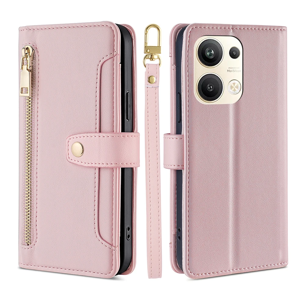 Fashion Zipper Wallet Crossbody Case for OPPO Reno 9 8 8T 8Z 7Z 6 Lite Pro Plus 5G With Shoulder Strap Cord and hand Strap Cord