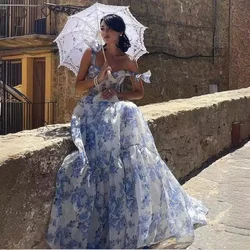 2026 Elegant Sexy V Neck Halter Back Bandage Ruffle Graduation Celebrity Floor Length Dress Women Floral Corset Party Dress