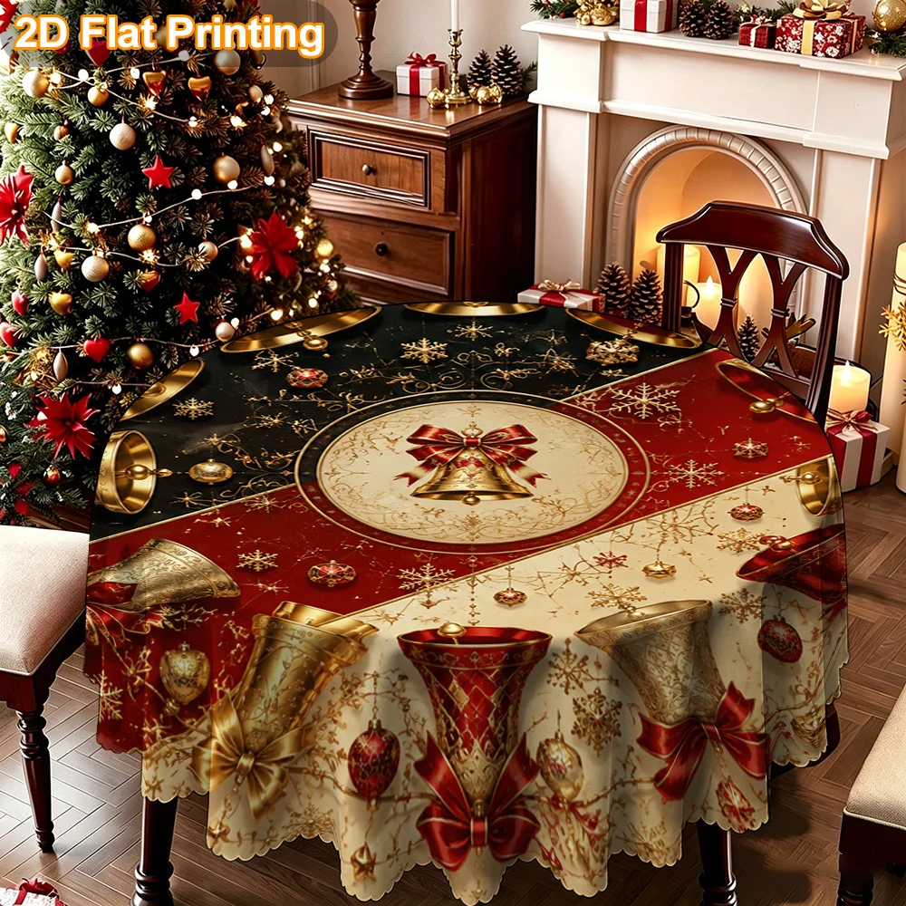 Christmas gift 2D flat 1 piece, decorated with gold red bell print round decorative tablecloth