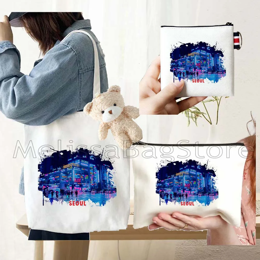 4PCS Gifts Set Seoul City Print White Canvas Tote Bag Handbag with Doll Key Coin Purse Cosmetic Makeup Toilet Bag Case Pouch
