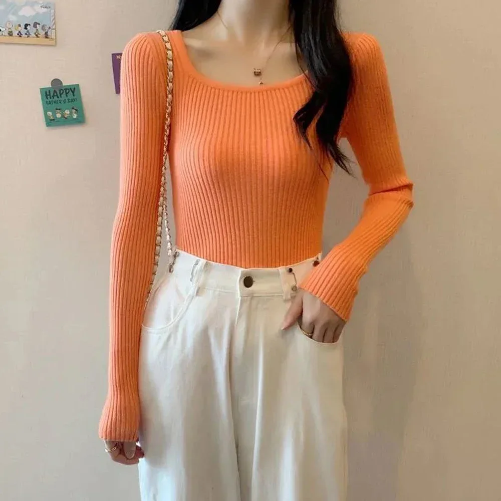 

Women U-Neck Solid Pullover T Shirts Orange Square Neck Sweaters S-XL Fashion Female Bottoming Blouses Full Sleeve Slim Tops