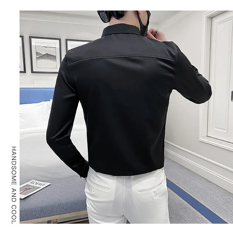 New Design Shirt Man White Black Long Sleeve Tuxedo Shirts Front Sequins Dress Slim Fit Top Clothes Wedding Party Dance Blouse