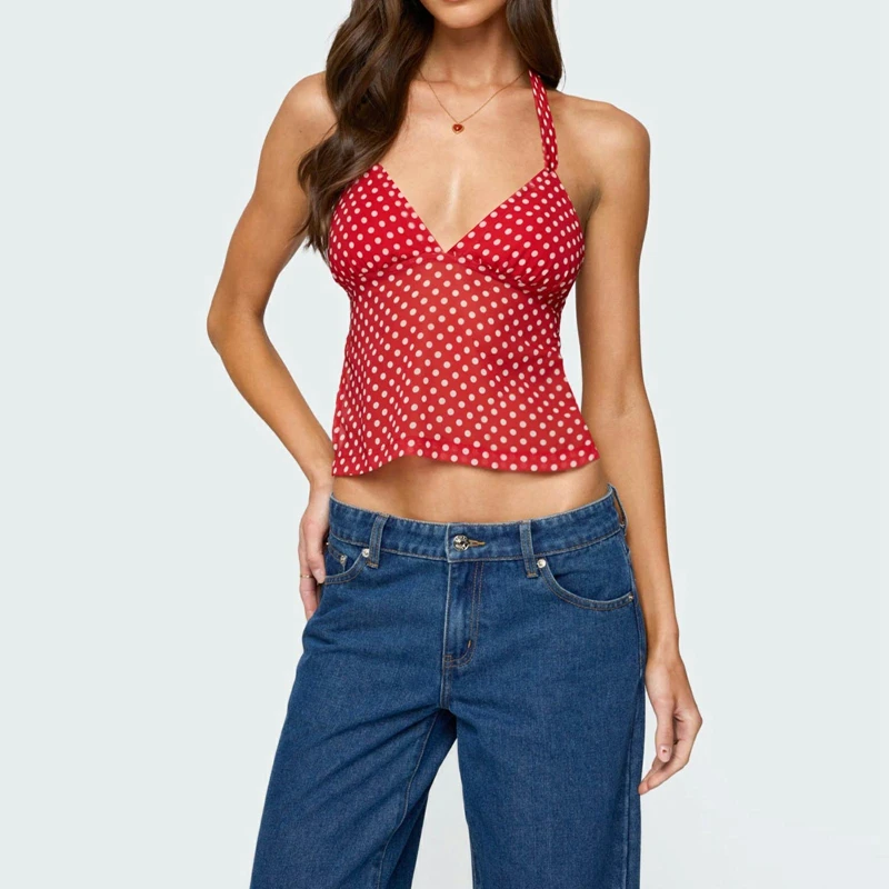 

Combhasaki Women Summer Vintage Straps Lace-up Halter Deep V-Neck Camisole Polka Dot Sheer See-through Backless Vest Shirt Tops