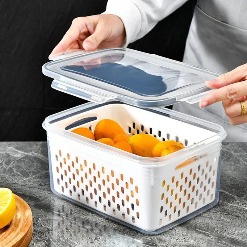 صندوق حفظ مختوم بطبقة مزدوجة، صندوق تخزين بلاستيكي لتصريف الفواكه والخضروات، طبقة مزدوجة عالية الشفافية للميكروويف
