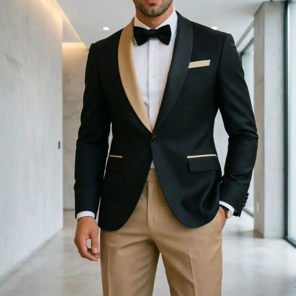 Mens Black Champagne Contrast Color 2 Pieces Tuxedo Shawl Lapel Formal Clean Stitching Prom Wedding Evening Groom Office Wear