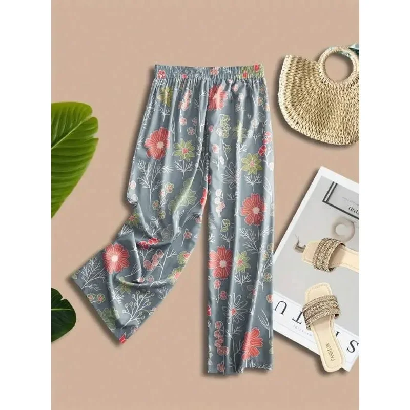 Women Floral Print Wide Leg Pants Elastic Drawstring High Waist Loose Casual Beach Trousers