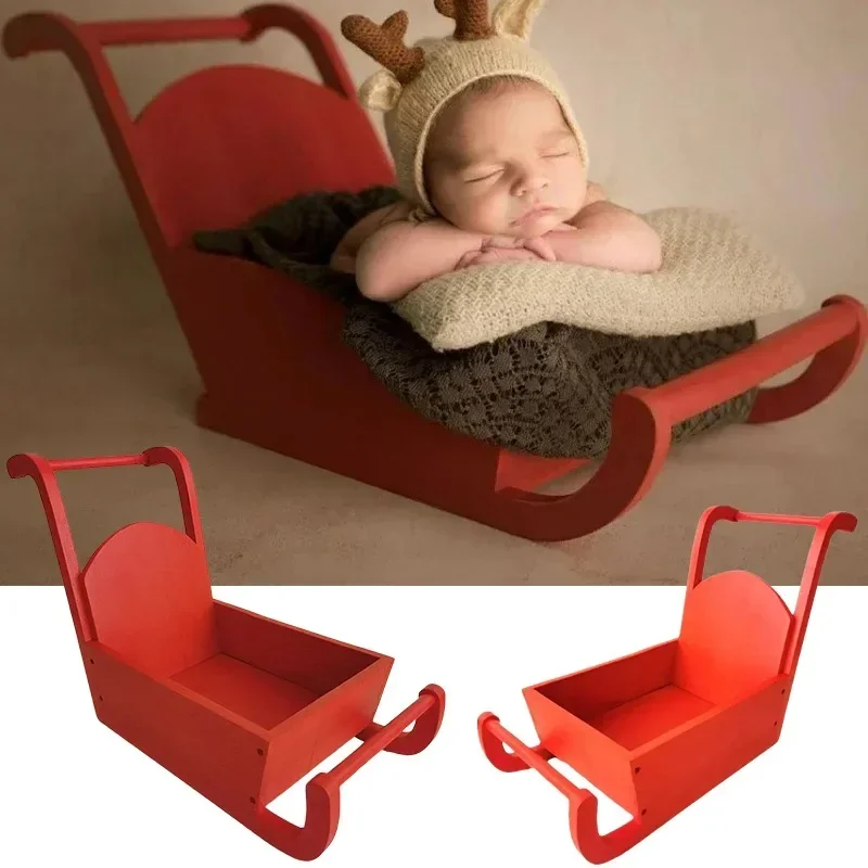 Newborn Photoshoot Props Infant Christmas Red Sleigh Cart Tool Disassembly Wooden Backdrop Bed Posing Baby Shooting Accessories