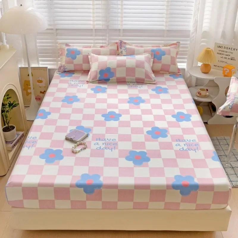1PC Washed Cotton Fitted Sheet Non Slip Fitted Sheet Elastic Band Around Mattress Cover Bed Cover and Pillowcase