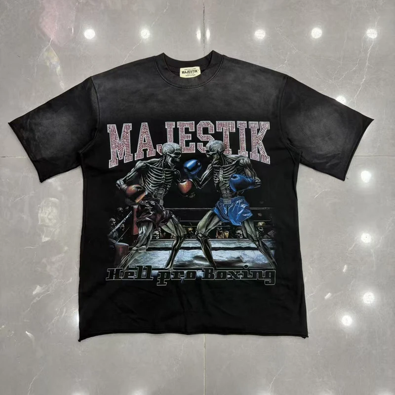 MAJESTIK T-shirt Retro Do Old Skeleton Boxing Pattern Printed Tops New Style Rhinestone Majestik Short Sleeve Tee