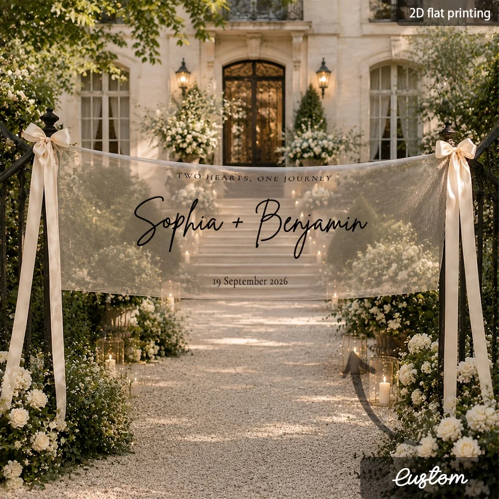 Customization Wedding Handheld Transparent Banner - Personalized Name/Date with Ribbon Decoration, for Birthday, Wedding, Party