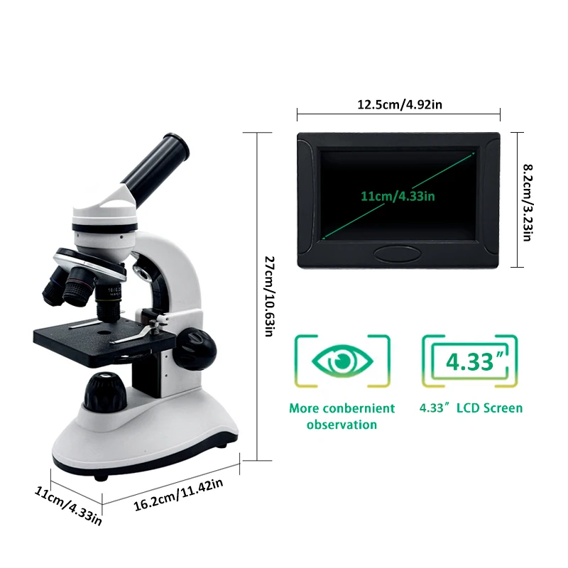 LED Dual-light Optical Composite Microscope with Monitor Student Portable Desktop Microscope 4x Zoom perfect gift for homeschool