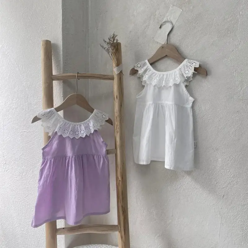 2026 Summer New Baby Girl Sleeveless Lace Collar Dress Cute Girls Sweet Princess Dress Cotton Infant Vest Dress Toddler Clothes
