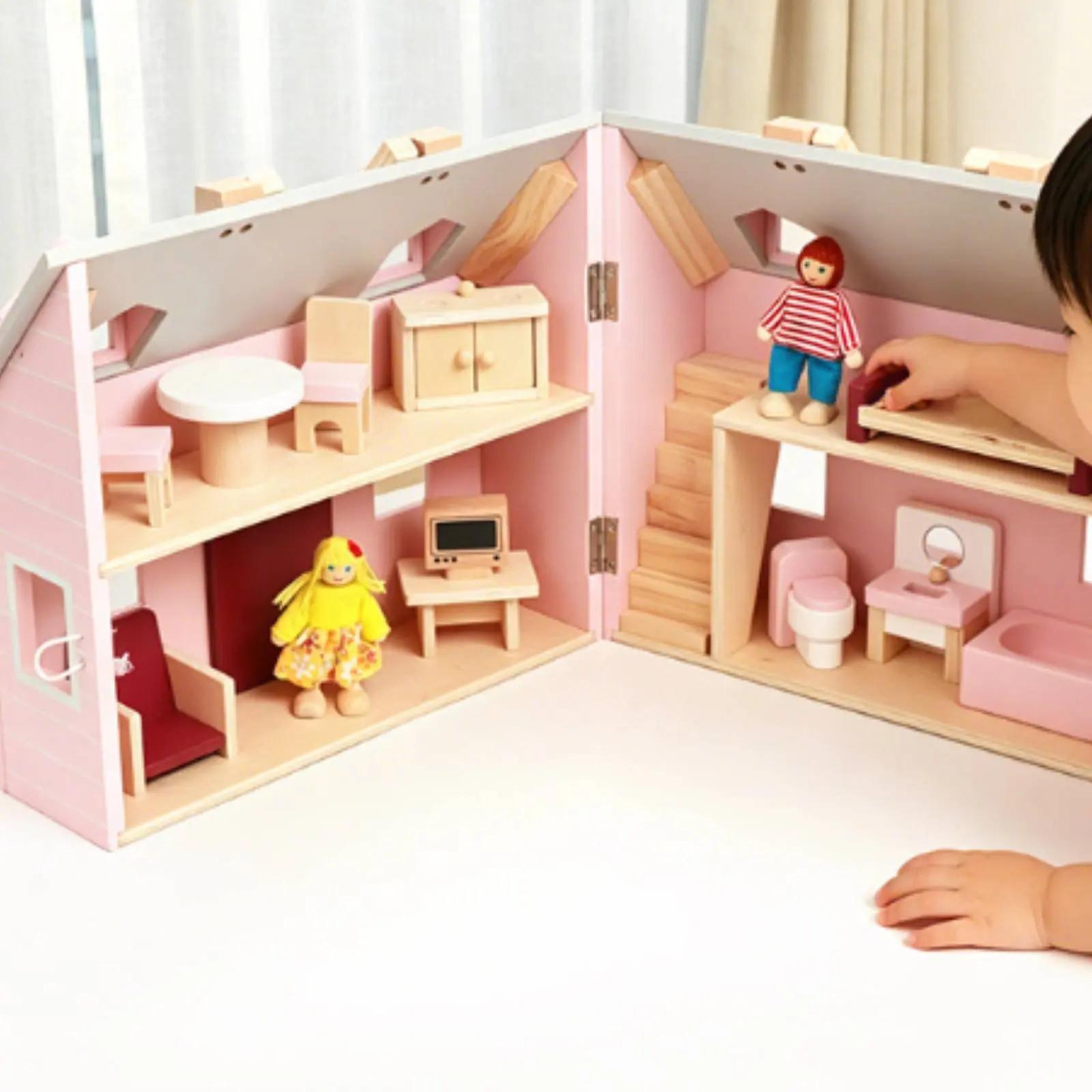 

Wooden Dollhouse Realistic Portable Dollhouse Pretend Play House Handheld Children's Toy DIY for Children
