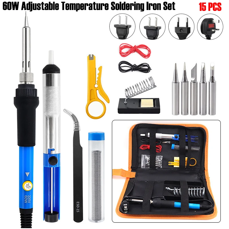 

15 PCS 110/220V 60W Electric Soldering Iron Set Multi-country Standard Plug Endothermic Ceramic Cored Torch 200-450℃ Welding Gun