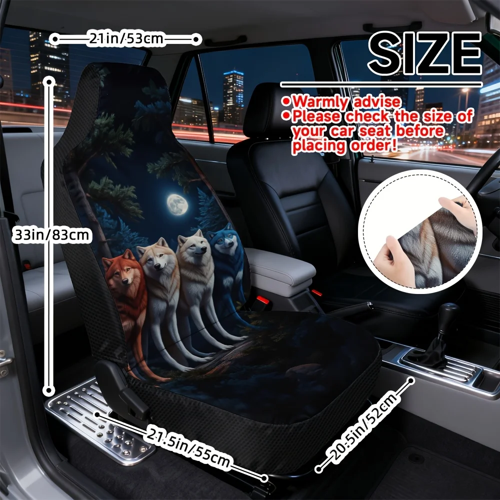 Set Of 2 Car Seat Covers Featuring Wolves Beneath A Full Moon, Designed For Universal Fit In Suvs, Sedans, And Trucks. They Are