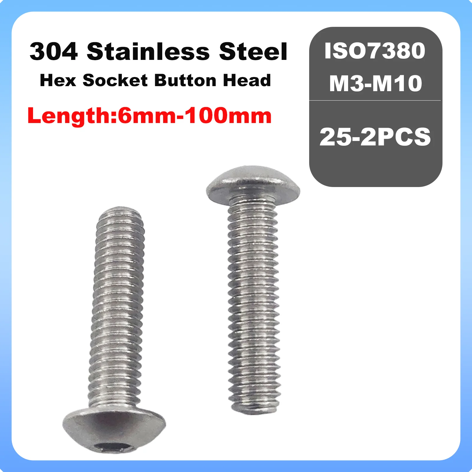 2/5/10/25pcs ISO7380 M3 M4 M5 M6 M8 M10 304 A2-70 Stainless Steel Hex Hexagon Socket Button Round Head Screw Bolt L= 6-100mm