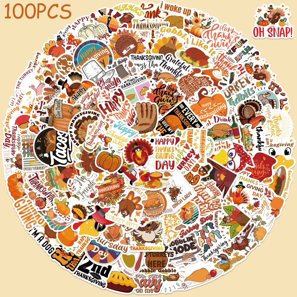 50/100pcs Thanksgiving Day Turkey Pumpkin Stickers For Phone Laptop Suitcase Scrapbook Wall Cartoon Aesthetic Stickers Kids Gift