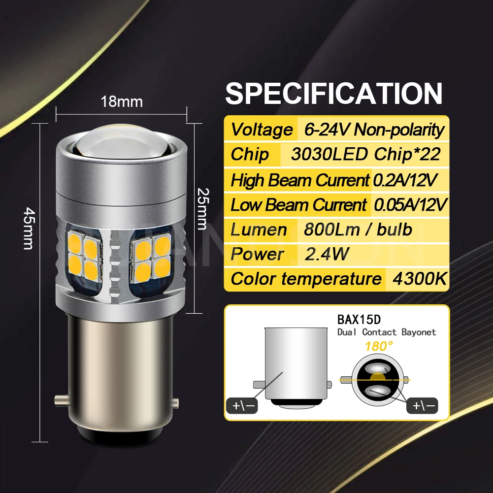BAX15D LED motocicleta farol bulbo, 6-24V, 800LM 6500K, Moto luz, 3030, 22SMD, moto cabeça lâmpada, 6V, 12V, 24V, amarelo, 1 pc
