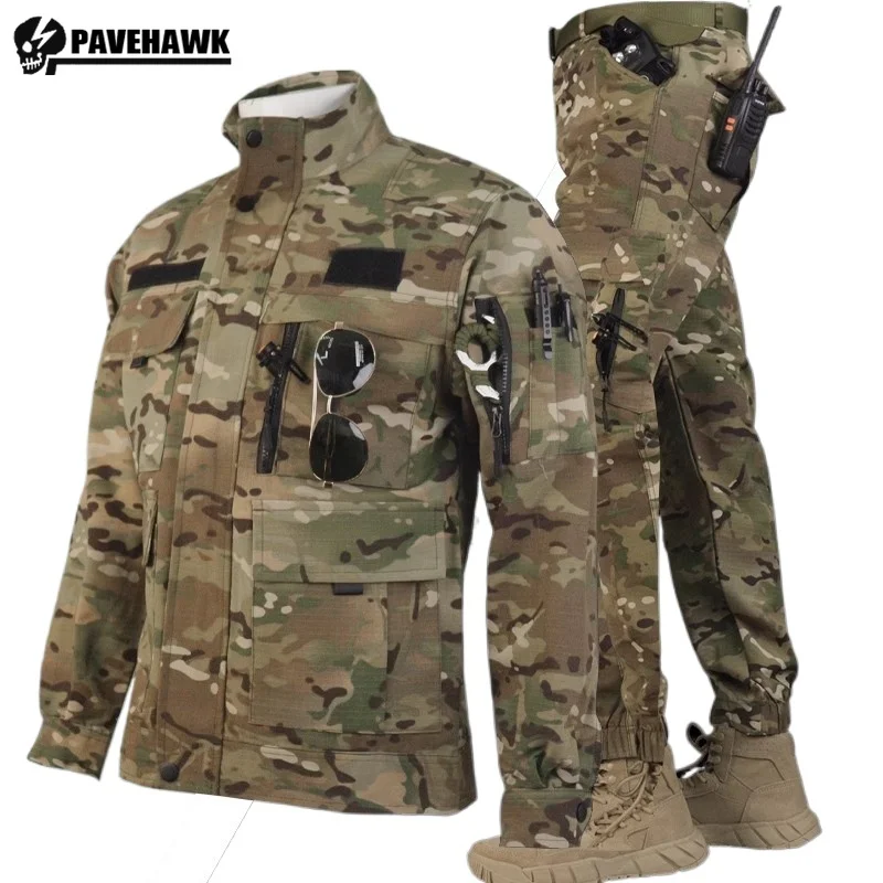 Wear-resistant Training Set Mens Tactical Camouflage Waterproof Combats Suits Breathable Multiple Pockets Loose Hunting Costume