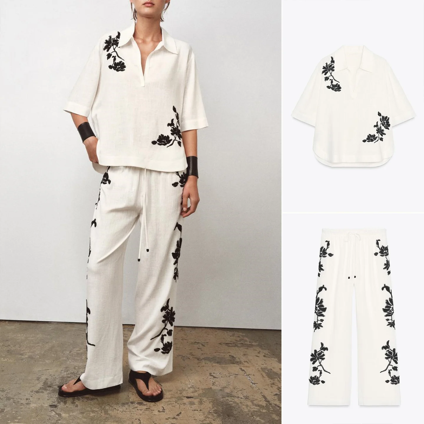 

Повседневная рубашка из смесового хлопка с короткими рукавами, вышитым воротником и брюками с завышенной талией в тон, женский модный летний комплект