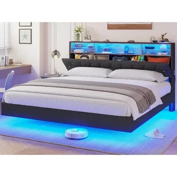 Cadre de lit avec station de recharge et tête de lit de rangement cachée, King avec lumières LED, cadre de lit capitonné capitonné à boutons en cristal