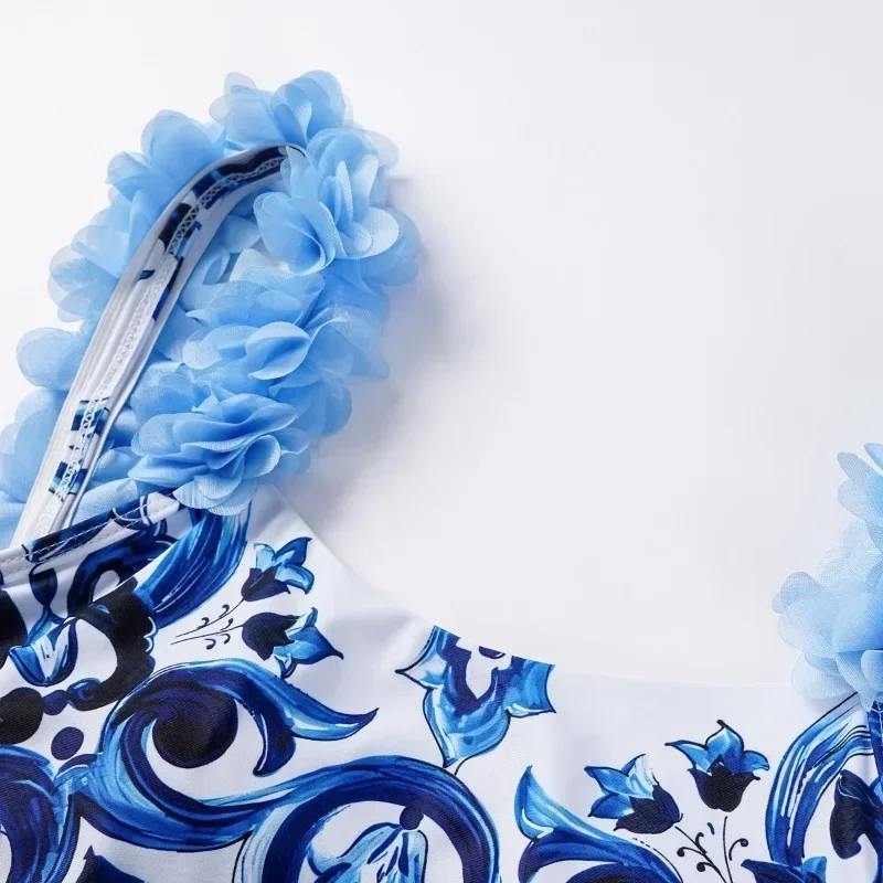 Retro One Piece Swimsuit Backless Applique Blue and White Porcelain Printed Pwimsuit Suit Women